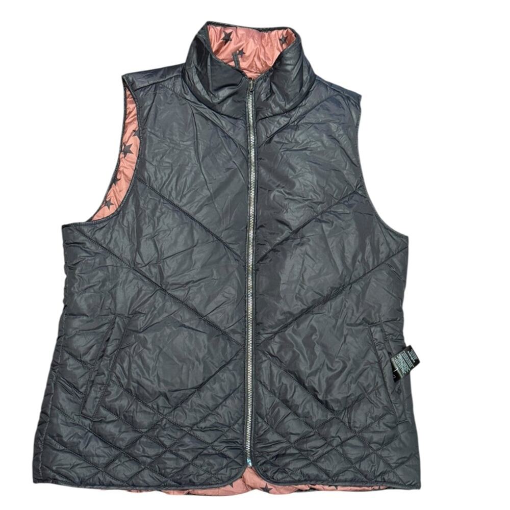 Kensie Reversible Charcoal Gray and Pink Stars Quilted Vest Womens Size Large